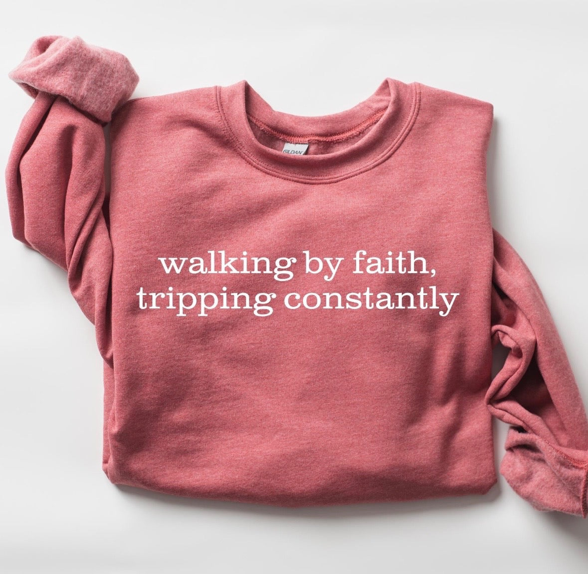 Walking By Faith Tripping Constantly Heather Red Sweatshirt