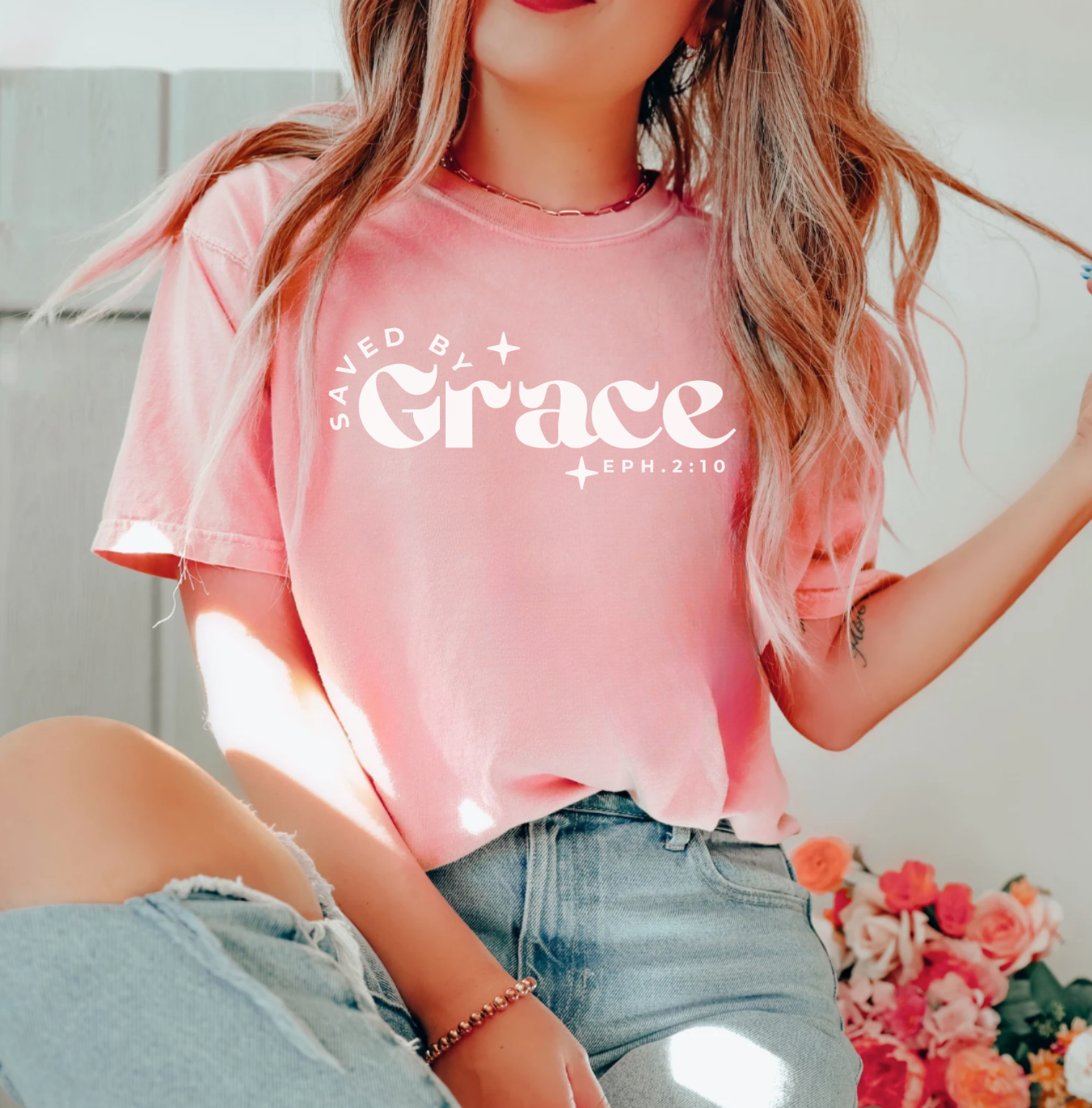 SAVED BY GRACE (WHITE PRINT) - TEE