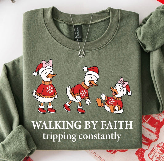 Walking By Faith Christmas Goose Military Green Sweatshirt
