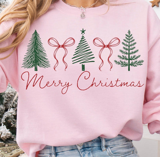 Merry Christmas Bows + Trees Baby Pink Sweatshirt